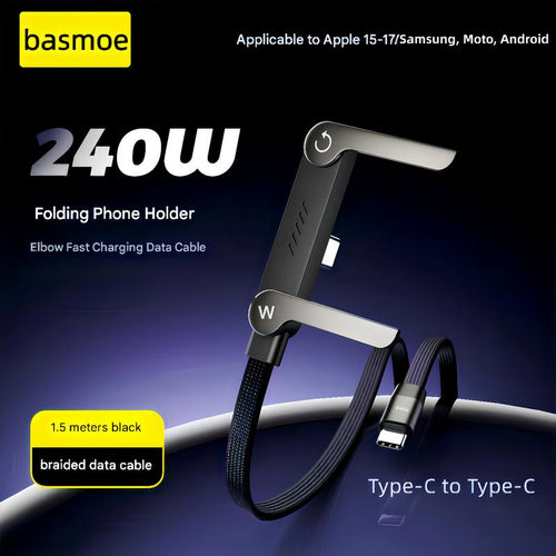 Basemo Invisible Holder Charger Cable with Stand, 240W Super Fast Charging 2-In-1 Fast Charging Cord & Phone Stand for Gaming, Office, Car Travel, Compatible with Iphone Samsung Type-C Charging Cable Black