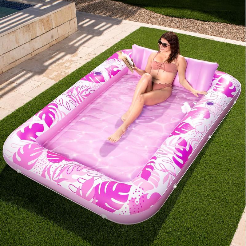 Sloosh-L/Xl Inflatable Tanning Pool Lounge Float with Cup Holder, 70“X46”/85″ X 57″ Extra Large Pool Floats Adult with Pillow, 4 in 1 Suntan Tub Raft Floatie, Sunbathing Bed Lounge for Water Blow up Kids Ball Pit Party Gifts, Inflatable Sofa Pool