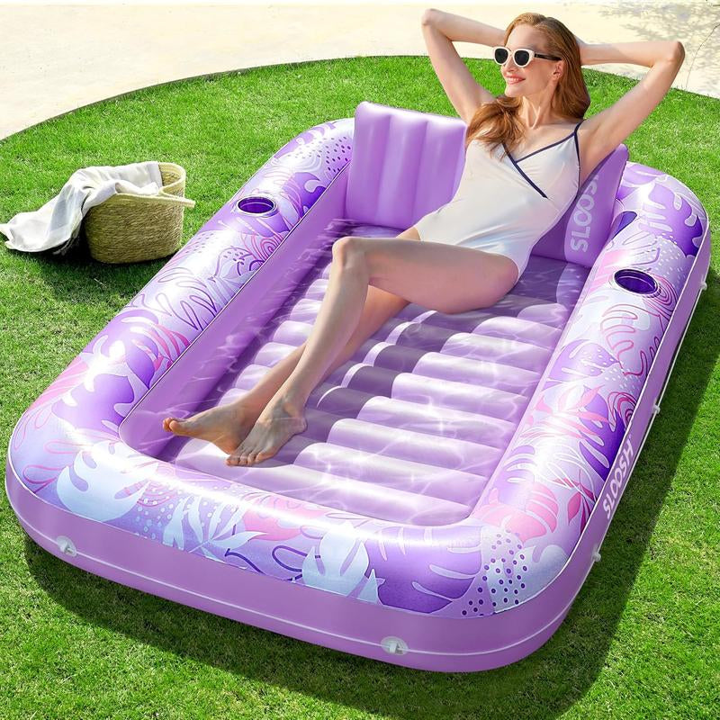 Sloosh-L/Xl Inflatable Tanning Pool Lounge Float with Cup Holder, 70“X46”/85″ X 57″ Extra Large Pool Floats Adult with Pillow, 4 in 1 Suntan Tub Raft Floatie, Sunbathing Bed Lounge for Water Blow up Kids Ball Pit Party Gifts, Inflatable Sofa Pool