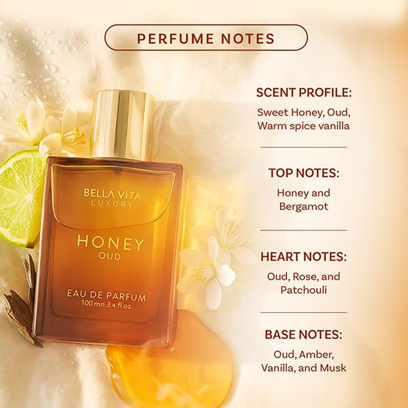 Bella Vita Luxury Honey Oud Eau de Parfum 100ml | Floral & Spicy Fragrance with Patchouli, Vanilla, and Bergamot | Crafted with Clean Vegan Essential Oils | Cruelty-Free Perfume
