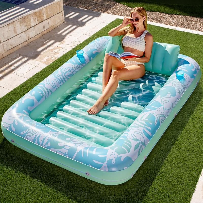 Sloosh-L/Xl Inflatable Tanning Pool Lounge Float with Cup Holder, 70“X46”/85″ X 57″ Extra Large Pool Floats Adult with Pillow, 4 in 1 Suntan Tub Raft Floatie, Sunbathing Bed Lounge for Water Blow up Kids Ball Pit Party Gifts, Inflatable Sofa Pool