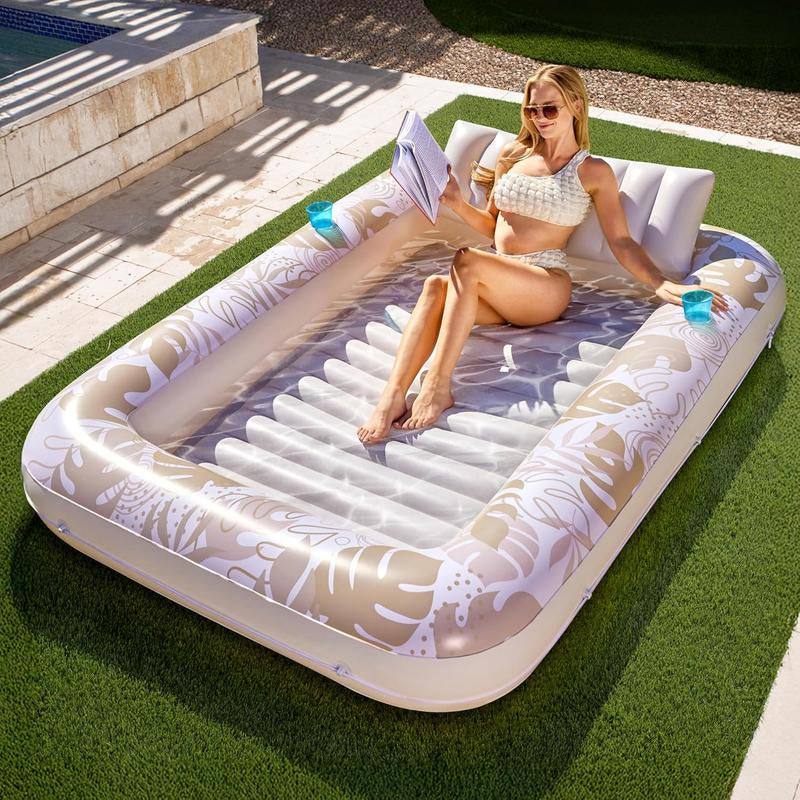 Sloosh-L/Xl Inflatable Tanning Pool Lounge Float with Cup Holder, 70“X46”/85″ X 57″ Extra Large Pool Floats Adult with Pillow, 4 in 1 Suntan Tub Raft Floatie, Sunbathing Bed Lounge for Water Blow up Kids Ball Pit Party Gifts, Inflatable Sofa Pool