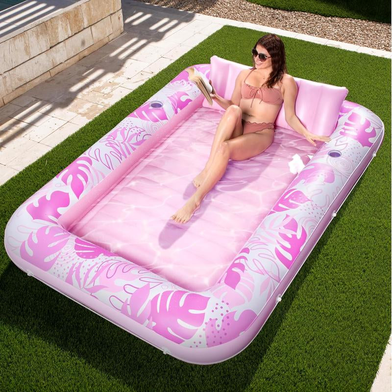 Sloosh-L/Xl Inflatable Tanning Pool Lounge Float with Cup Holder, 70“X46”/85″ X 57″ Extra Large Pool Floats Adult with Pillow, 4 in 1 Suntan Tub Raft Floatie, Sunbathing Bed Lounge for Water Blow up Kids Ball Pit Party Gifts, Inflatable Sofa Pool