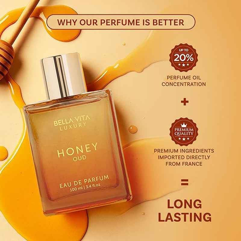 Bella Vita Luxury Honey Oud Eau de Parfum 100ml | Floral & Spicy Fragrance with Patchouli, Vanilla, and Bergamot | Crafted with Clean Vegan Essential Oils | Cruelty-Free Perfume