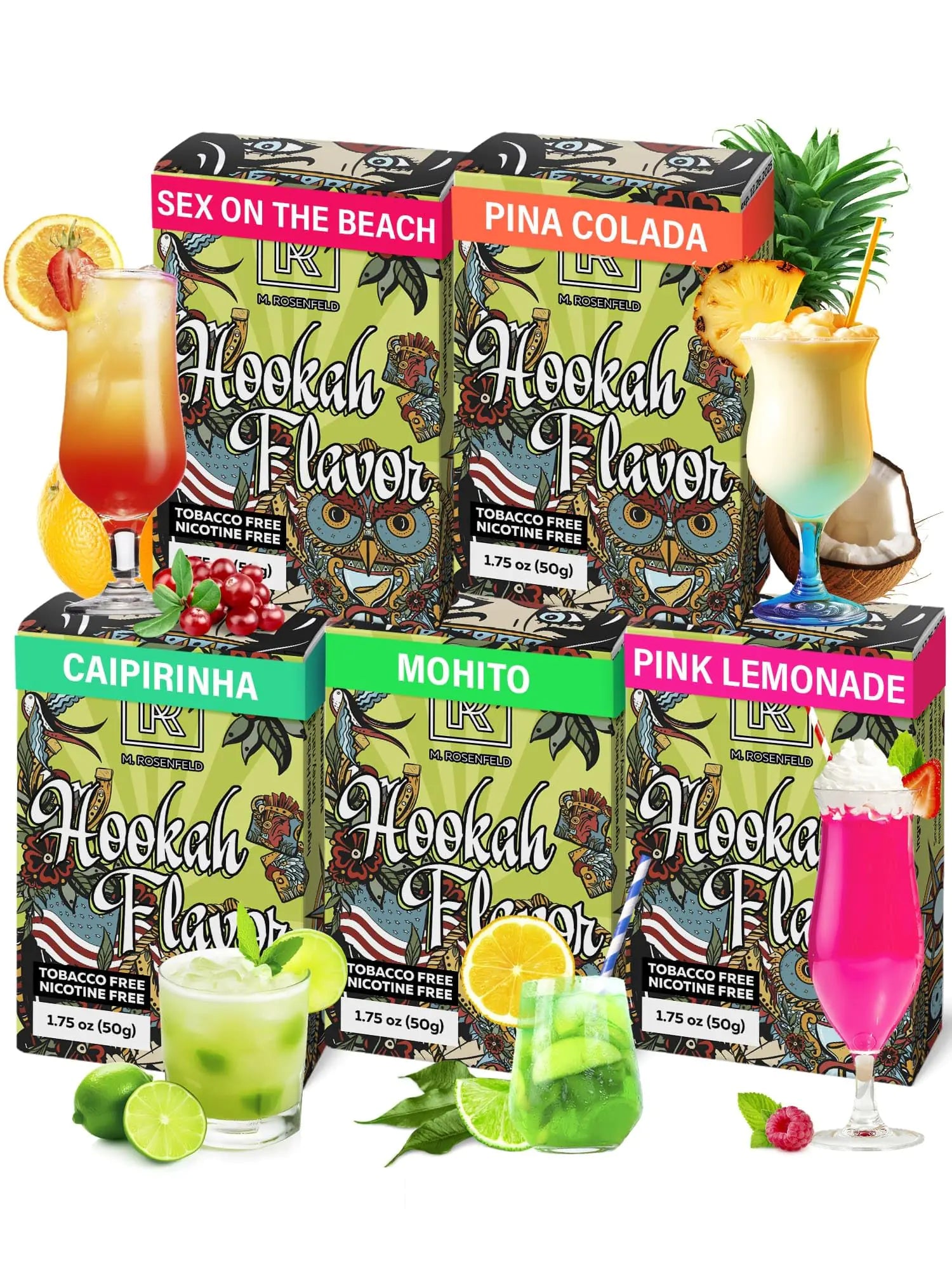 M. ROSENFELD Cocktail Hookah Flavors Set - 5 x 1.76 oz Non Tobacco Hookah Flavors Set (Pina colada - Mojito - Sex on the beach - Caipirinha - Pink Lemonade) Hookah Bundle Pack - Tobacco Free Shisha